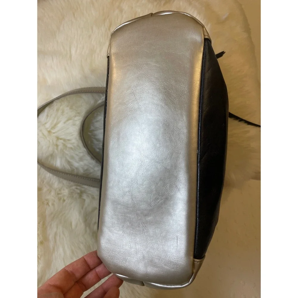 Aurielle‎ Genuine Leather Tote Bag Black Silver Metallic Large Shoulder Handbag
